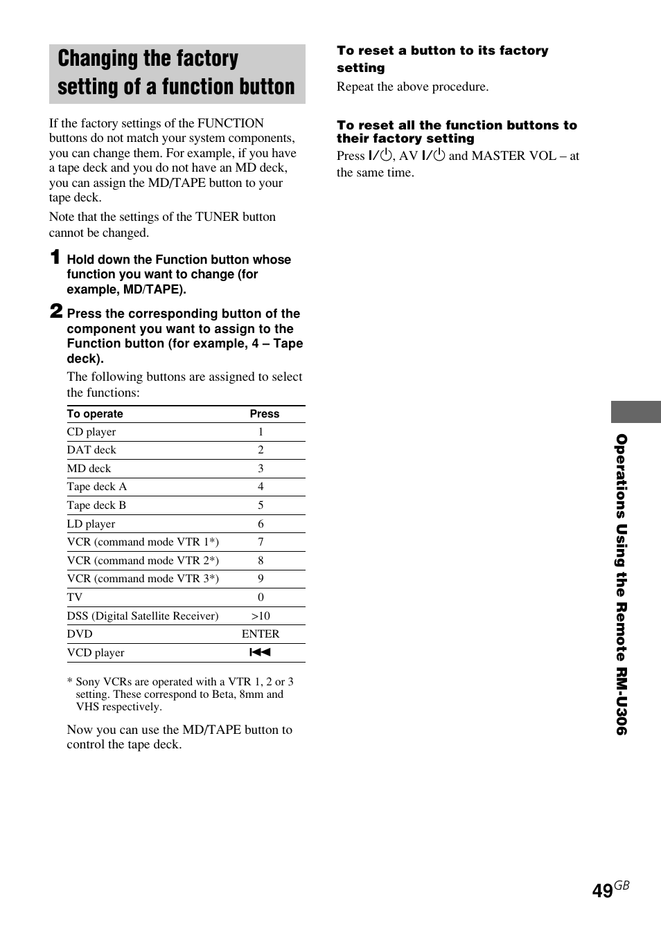 Changing the factory setting of a function, Button, Changing the factory setting of a function button | Sony STR-K840P User Manual | Page 49 / 59