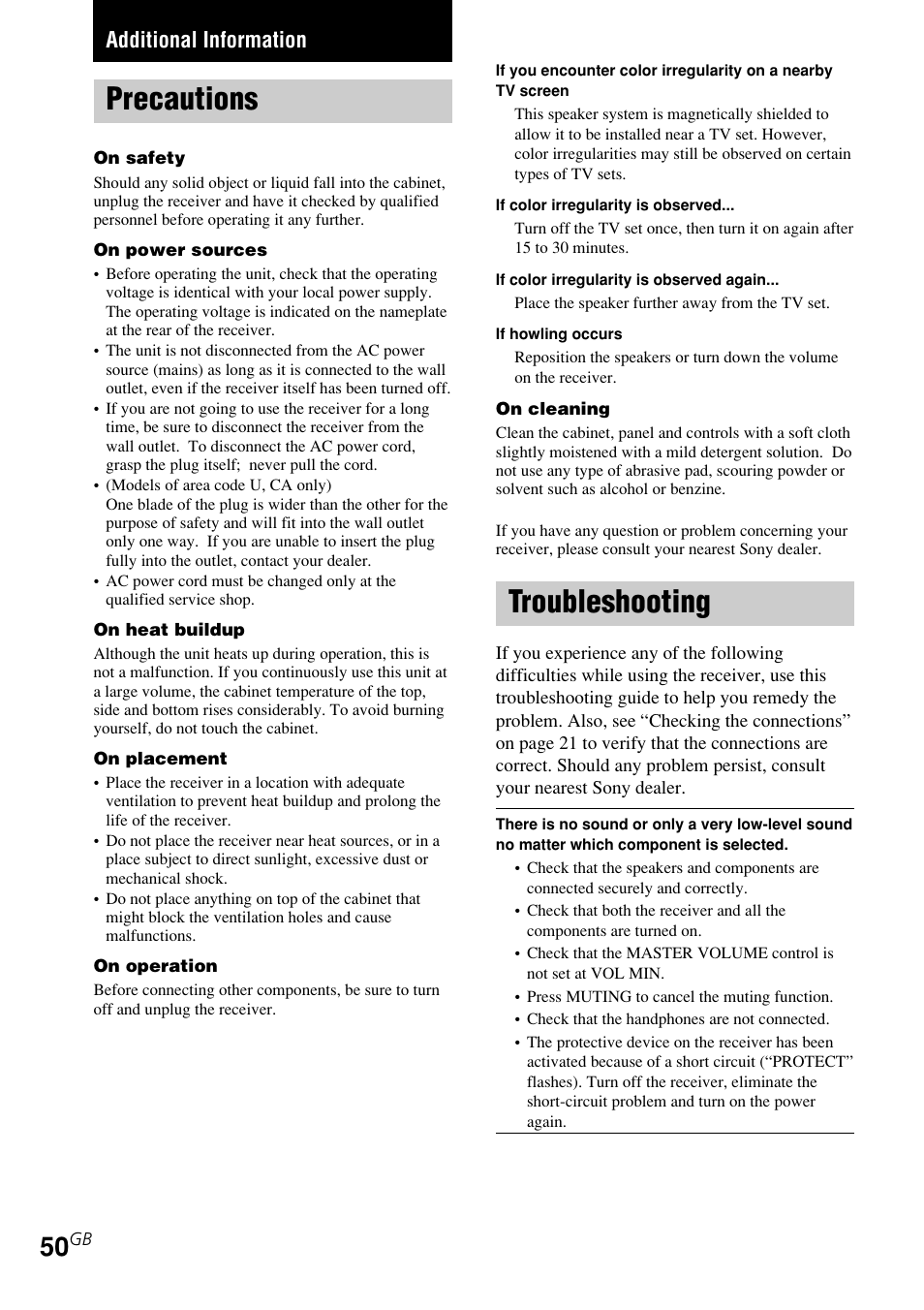 Additional information, Precautions, Troubleshooting | Sony STR-K840P User Manual | Page 50 / 59