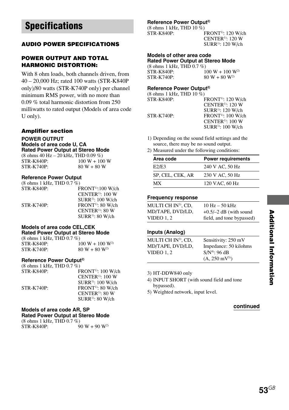 Specifications, Additional information | Sony STR-K840P User Manual | Page 53 / 59
