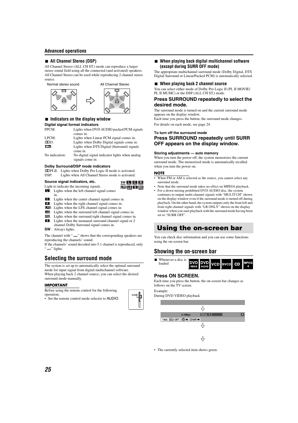 Using the on-screen bar, Selecting the surround mode, Showing the on-screen bar | Sony TH-M508 User Manual | Page 28 / 52