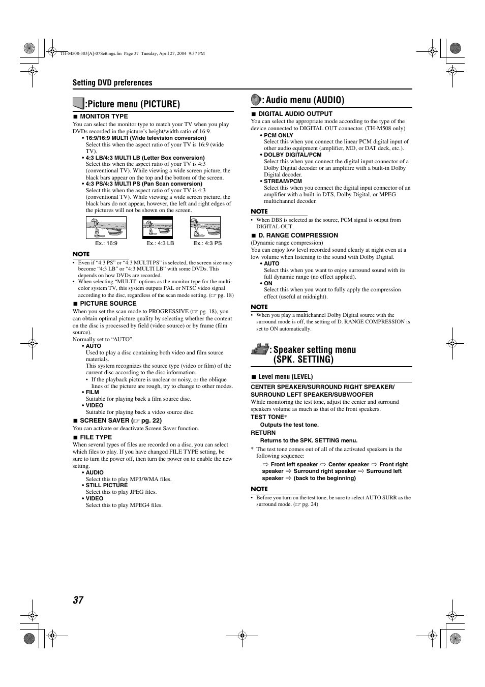 Picture menu (picture), Audio menu (audio), Speaker setting menu (spk. setting) | Sony TH-M508 User Manual | Page 40 / 52