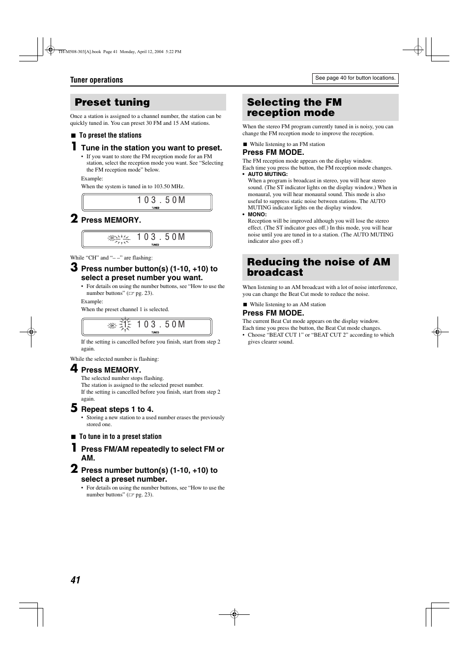 Preset tuning | Sony TH-M508 User Manual | Page 44 / 52