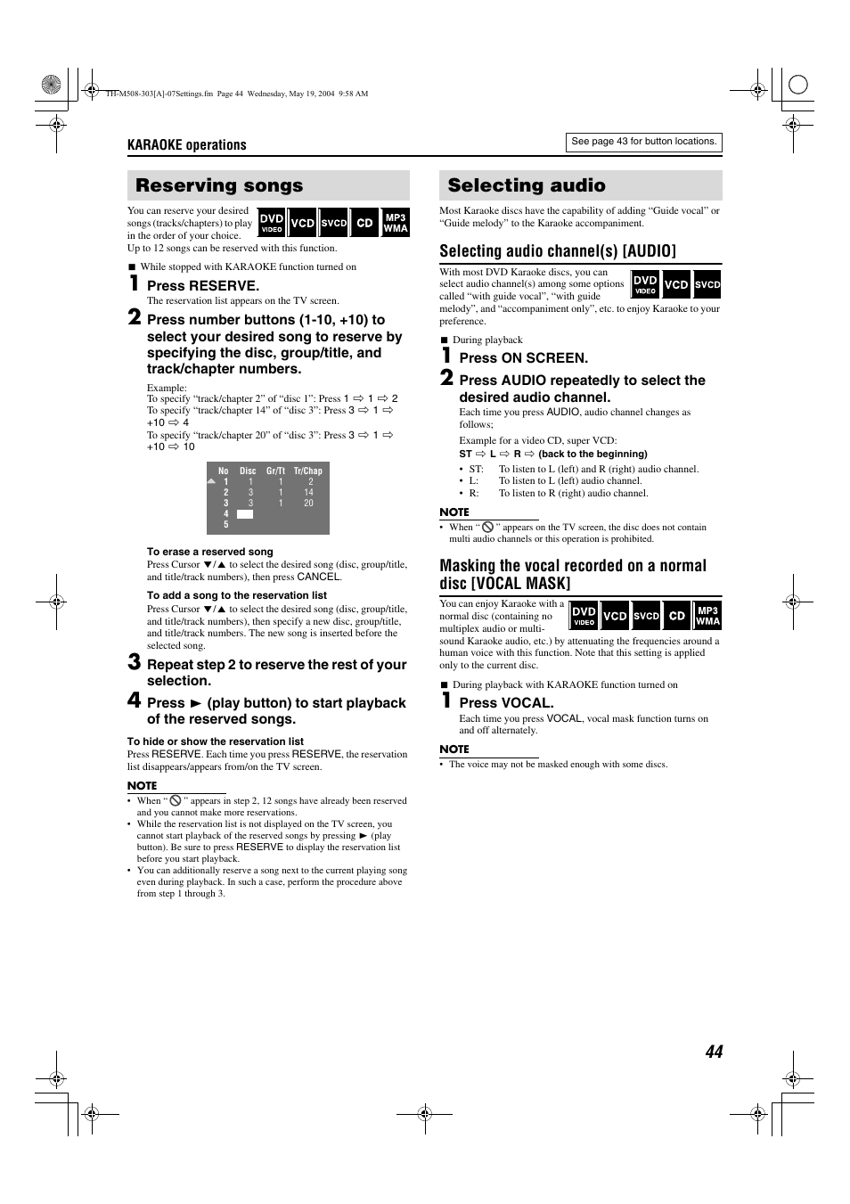 Reserving songs, Selecting audio, Selecting audio channel(s) [audio | Sony TH-M508 User Manual | Page 47 / 52