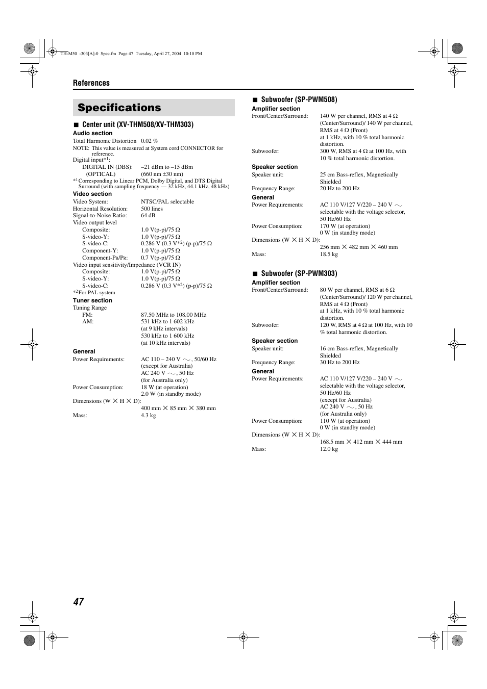 Specifications, References | Sony TH-M508 User Manual | Page 50 / 52