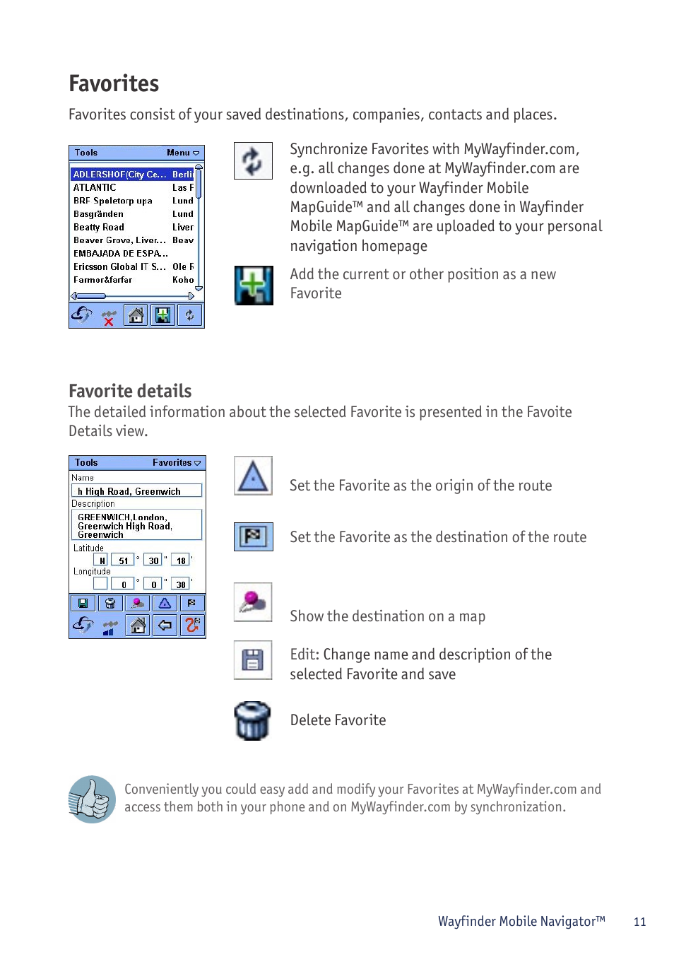 Favorites, Favorite details | Sony P800/P900 User Manual | Page 11 / 21