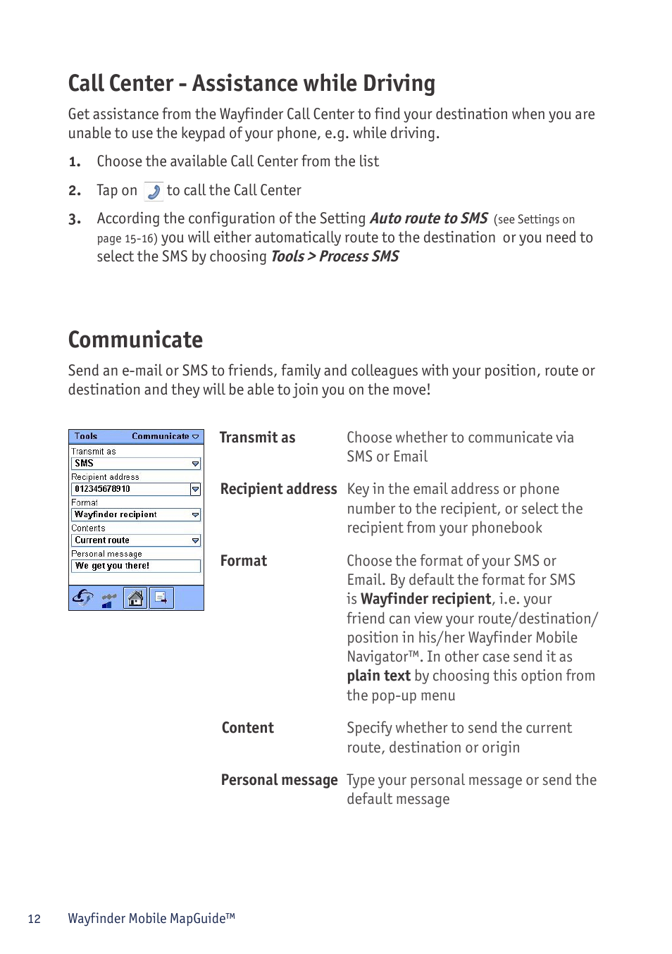 Call center - assistance while driving, Communicate | Sony P800/P900 User Manual | Page 12 / 21