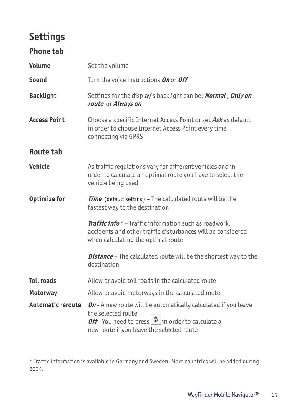 Settings, Phone tab, Route tab | Sony P800/P900 User Manual | Page 15 / 21