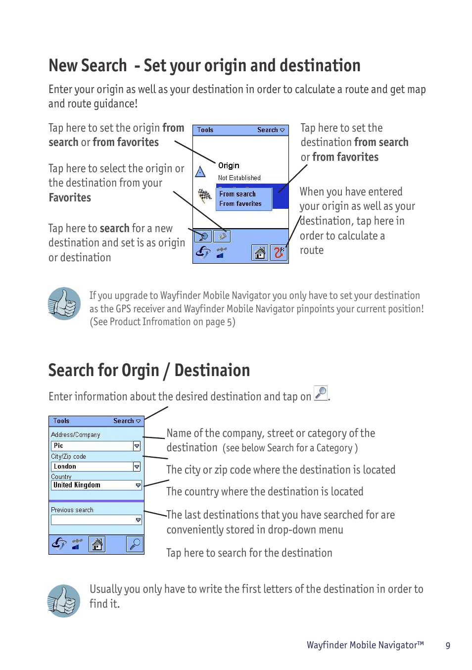 New search - set your origin and destination, Search for orgin / destinaion | Sony P800/P900 User Manual | Page 9 / 21