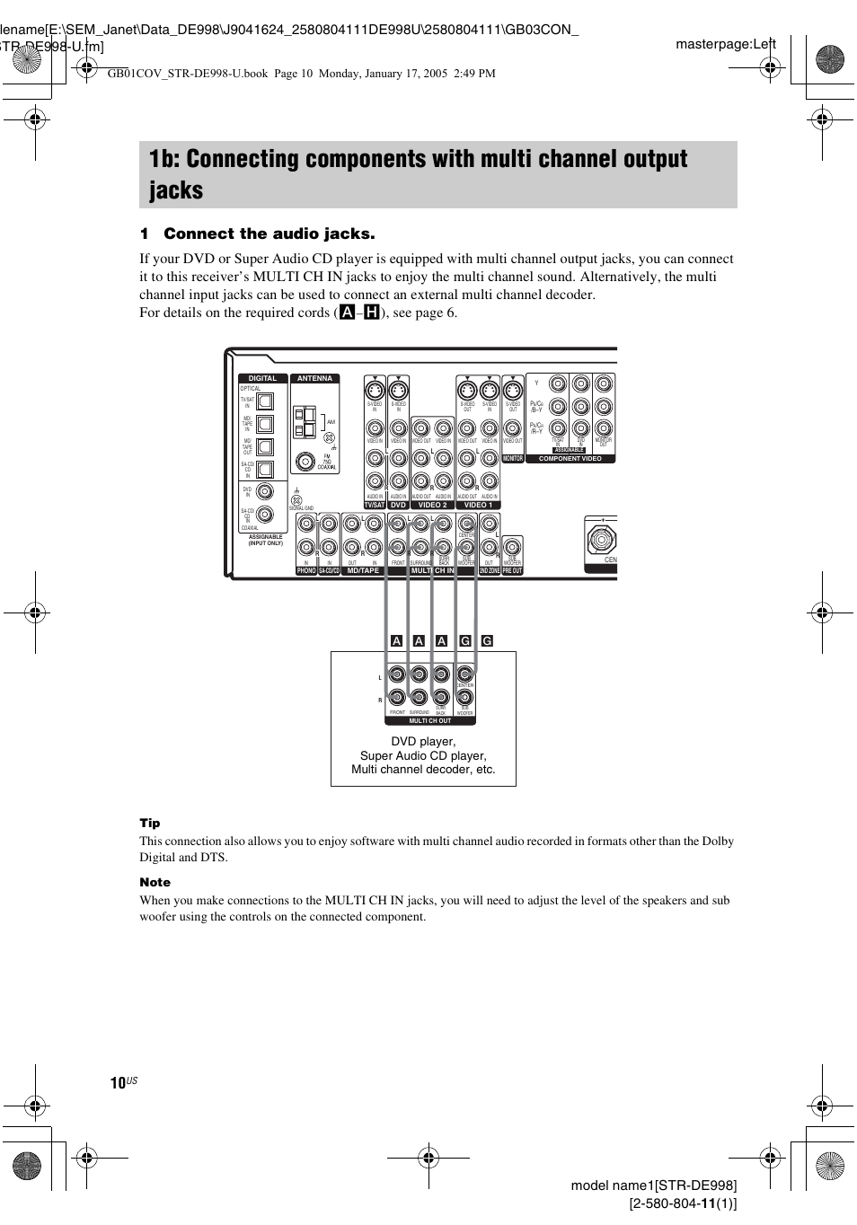 1b: connecting components with, Multi channel output jacks, 1connect the audio jacks | H), see page 6 | Sony STR-DE998 User Manual | Page 10 / 64