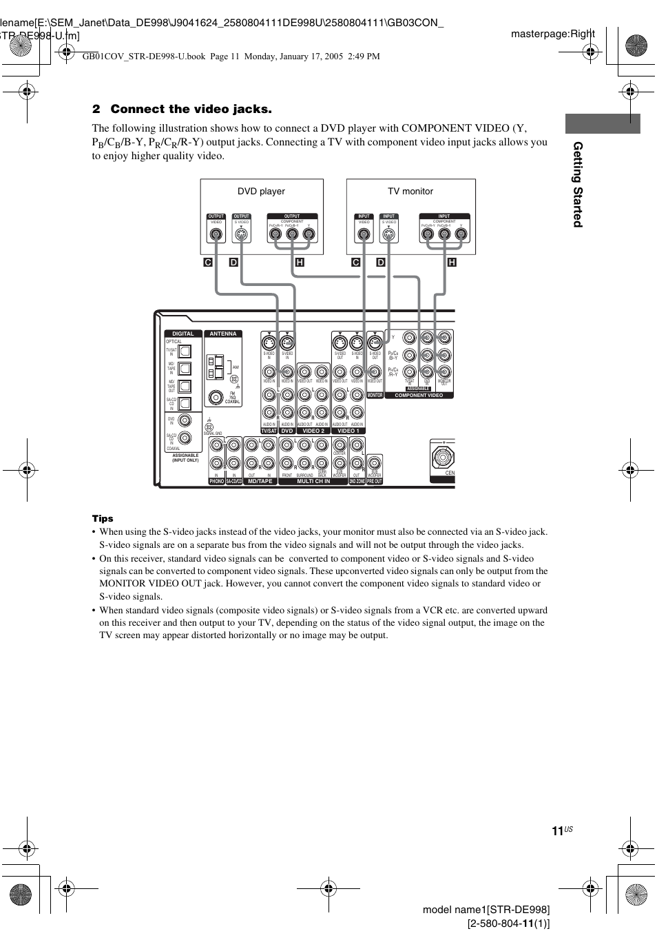 Gettin g star ted, 2connect the video jacks, B-y, p | Tips, Hc d d | Sony STR-DE998 User Manual | Page 11 / 64