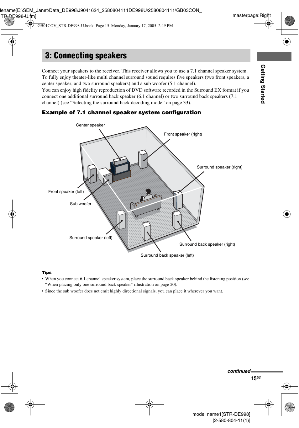 Connecting speakers | Sony STR-DE998 User Manual | Page 15 / 64
