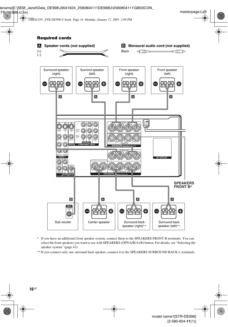 Required cords, A speaker cords (not supplied), B monaural audio cord (not supplied) | Speakers front b | Sony STR-DE998 User Manual | Page 16 / 64