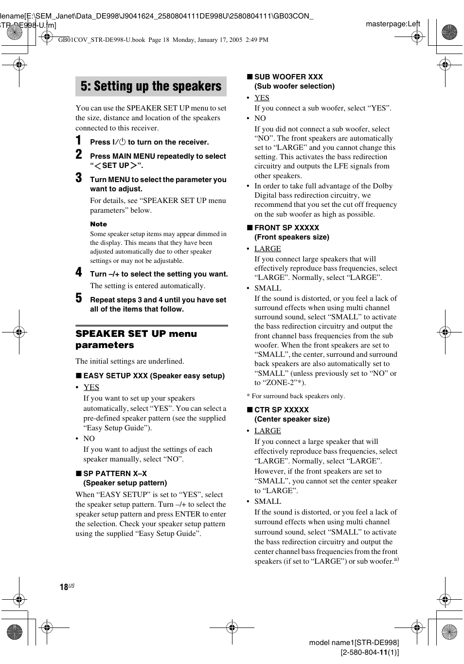 Setting up the speakers | Sony STR-DE998 User Manual | Page 18 / 64