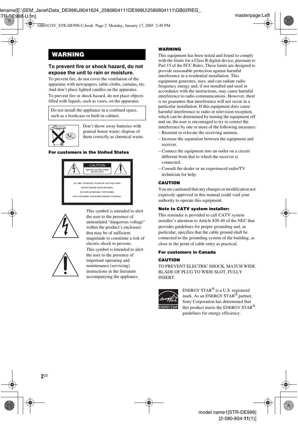 Warning | Sony STR-DE998 User Manual | Page 2 / 64