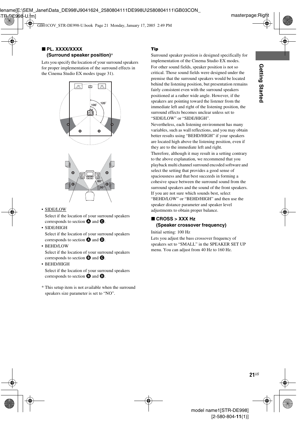 Gettin g star ted | Sony STR-DE998 User Manual | Page 21 / 64