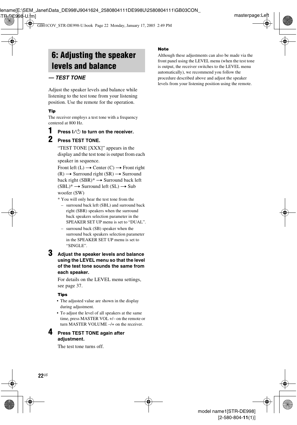 Adjusting the speaker levels and balance, Test tone, Adjusting the speaker levels and | Balance — test tone | Sony STR-DE998 User Manual | Page 22 / 64