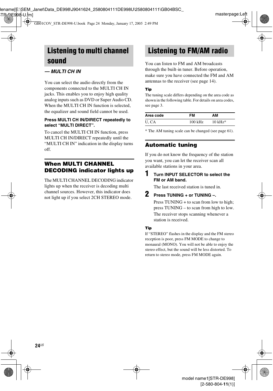 Listening to multi channel sound, Multi ch in, Listening to fm/am radio | Sony STR-DE998 User Manual | Page 24 / 64