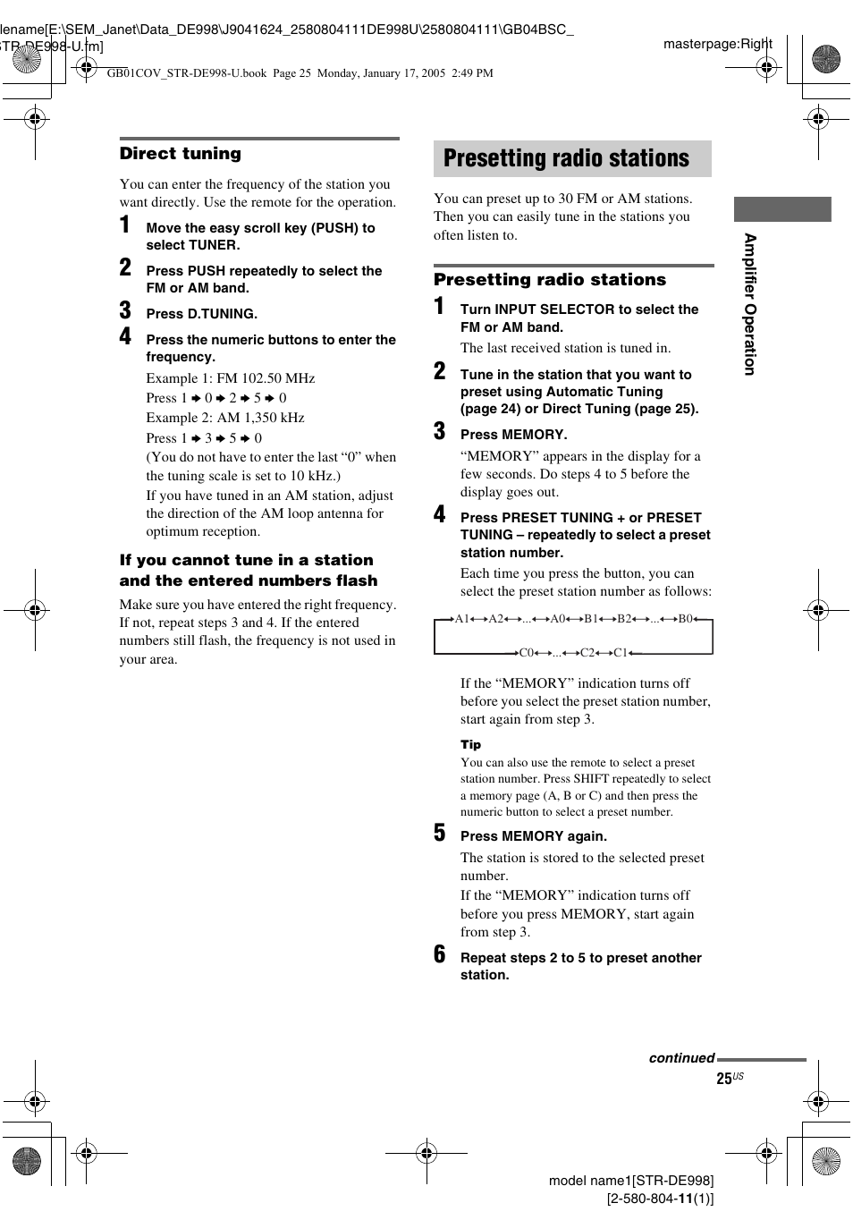 Presetting radio stations | Sony STR-DE998 User Manual | Page 25 / 64
