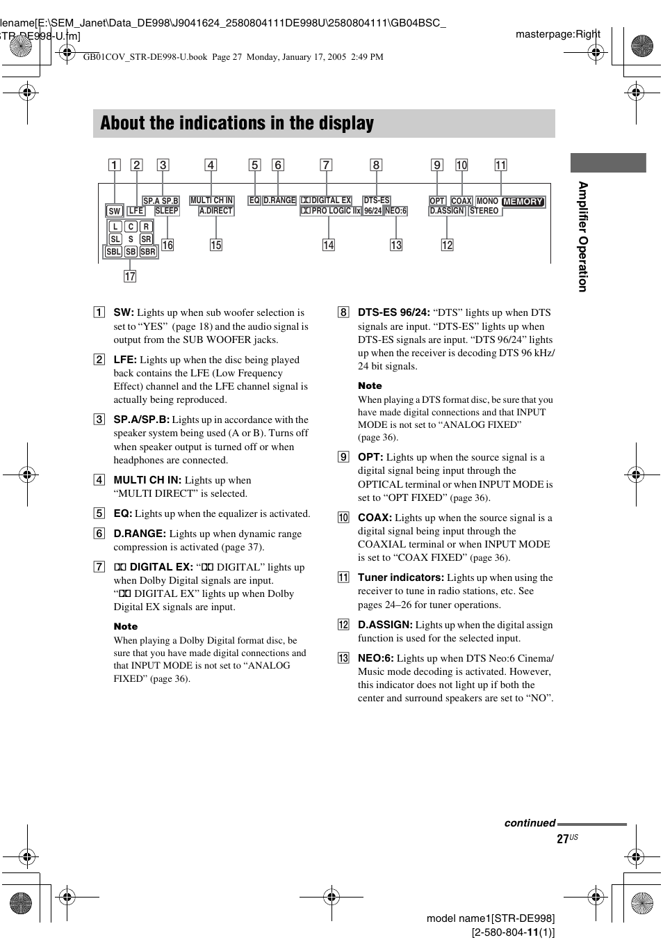 About the indications in the display | Sony STR-DE998 User Manual | Page 27 / 64