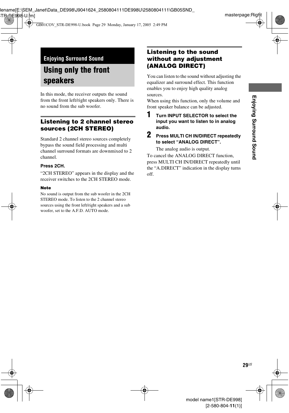 Enjoying surround sound, Using only the front speakers | Sony STR-DE998 User Manual | Page 29 / 64