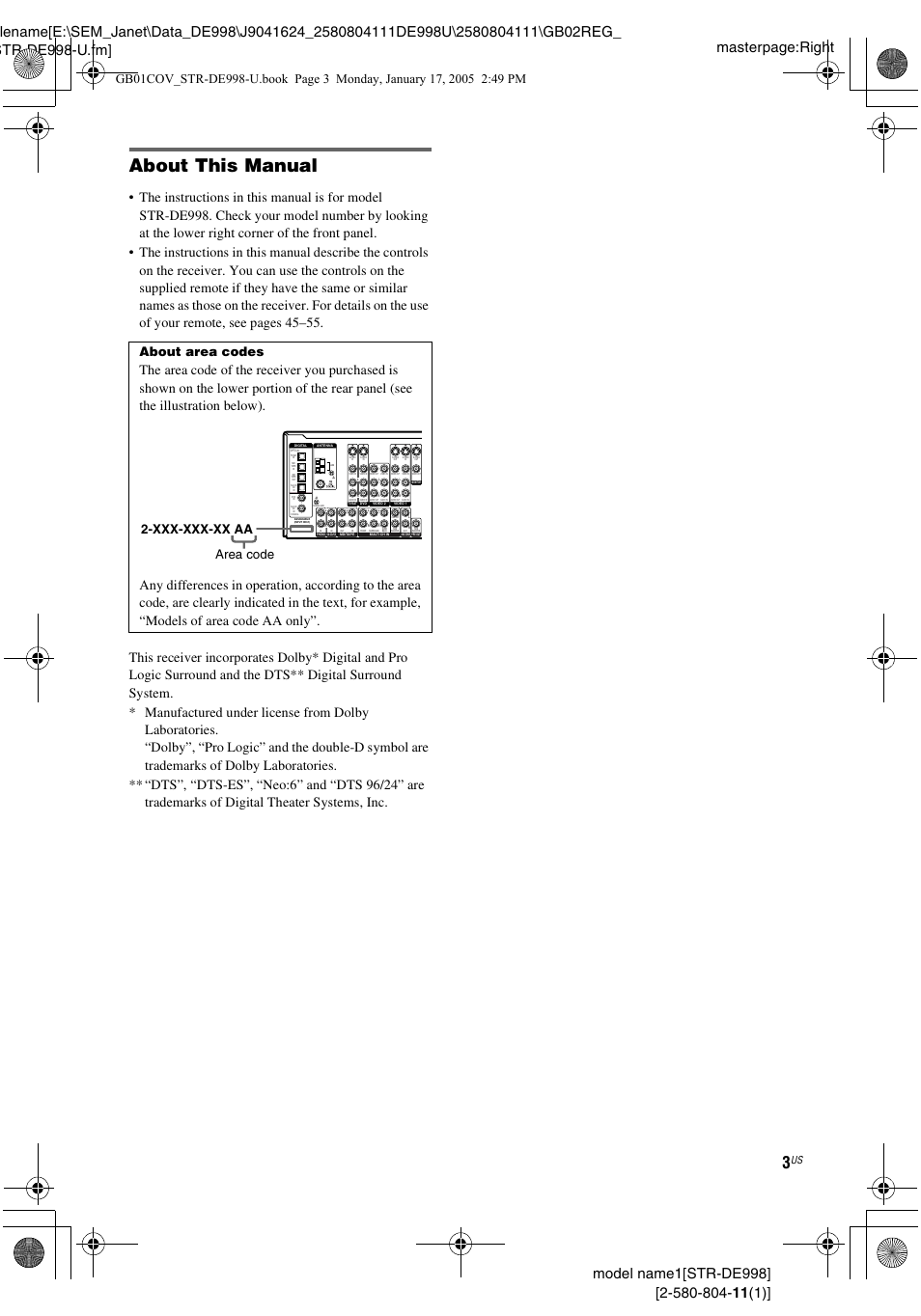 About this manual, About area codes | Sony STR-DE998 User Manual | Page 3 / 64
