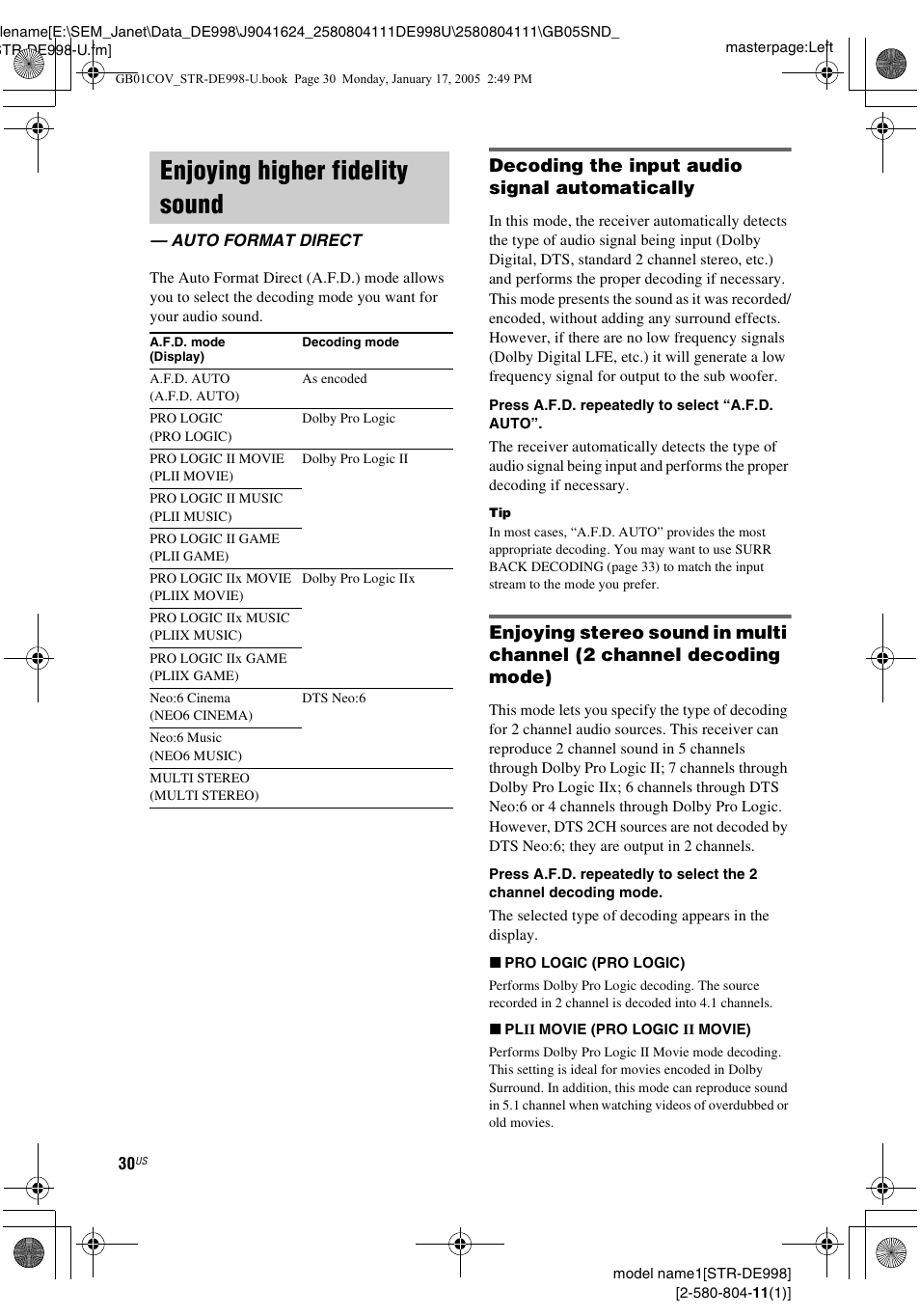 Enjoying higher fidelity sound, Auto format direct, Decoding the input audio signal automatically | Sony STR-DE998 User Manual | Page 30 / 64