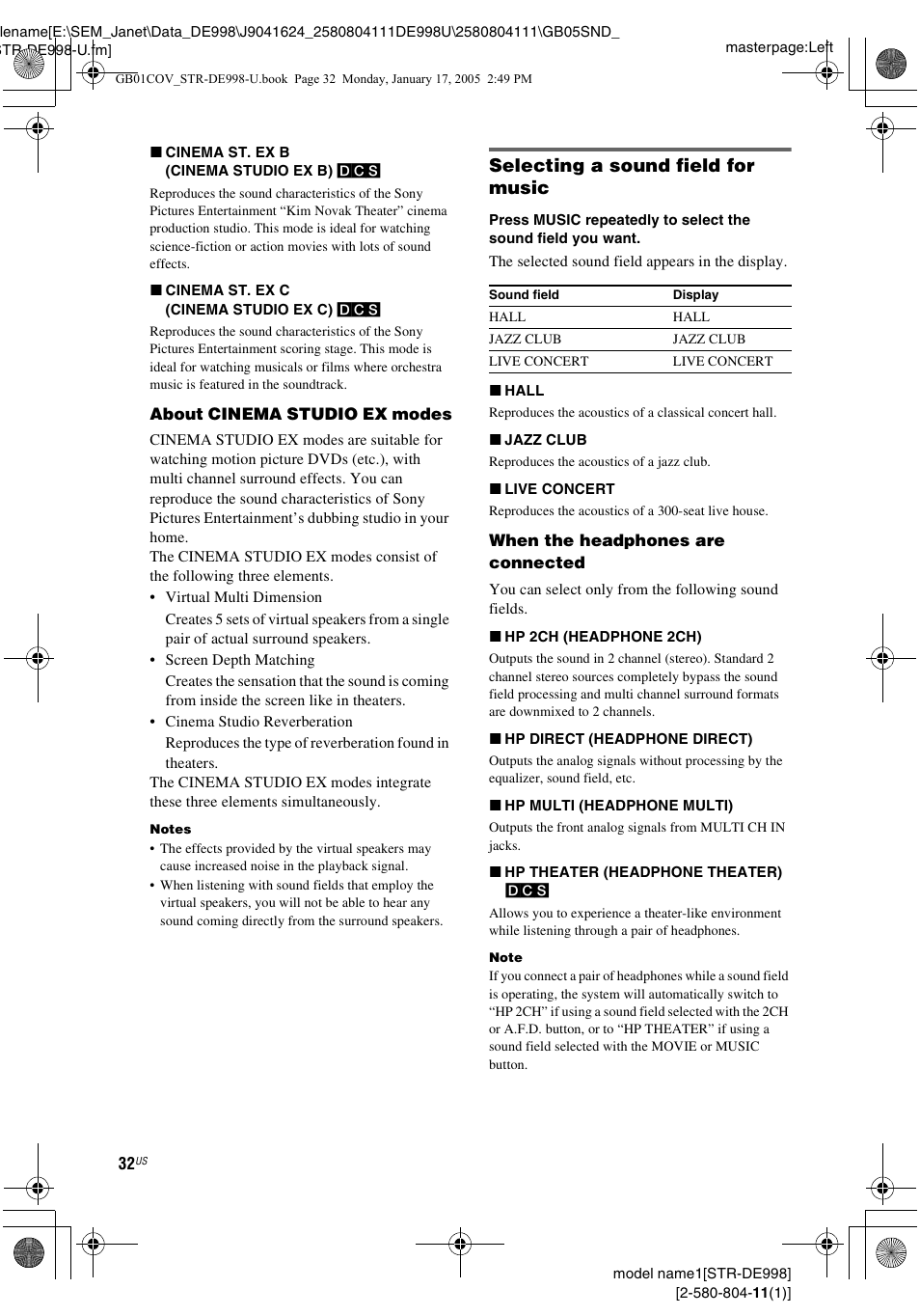 Selecting a sound field for music | Sony STR-DE998 User Manual | Page 32 / 64