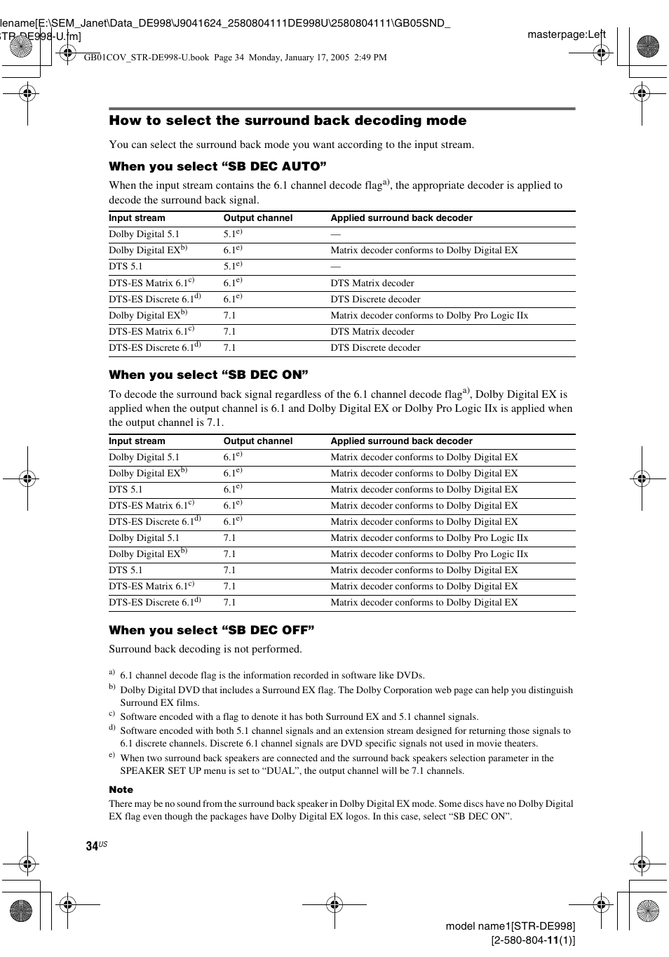 How to select the surround back decoding mode, When you select “sb dec auto, When you select “sb dec on | When you select “sb dec off | Sony STR-DE998 User Manual | Page 34 / 64