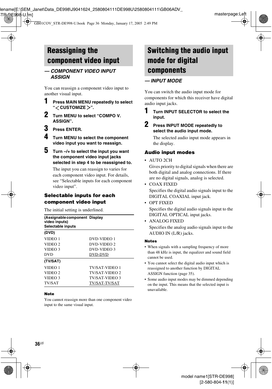 Reassigning the component video input, Component video input assign, Input mode | Reassigning the component video, Input — component video input assign, Switching the audio input mode for, Digital components — input mode | Sony STR-DE998 User Manual | Page 36 / 64
