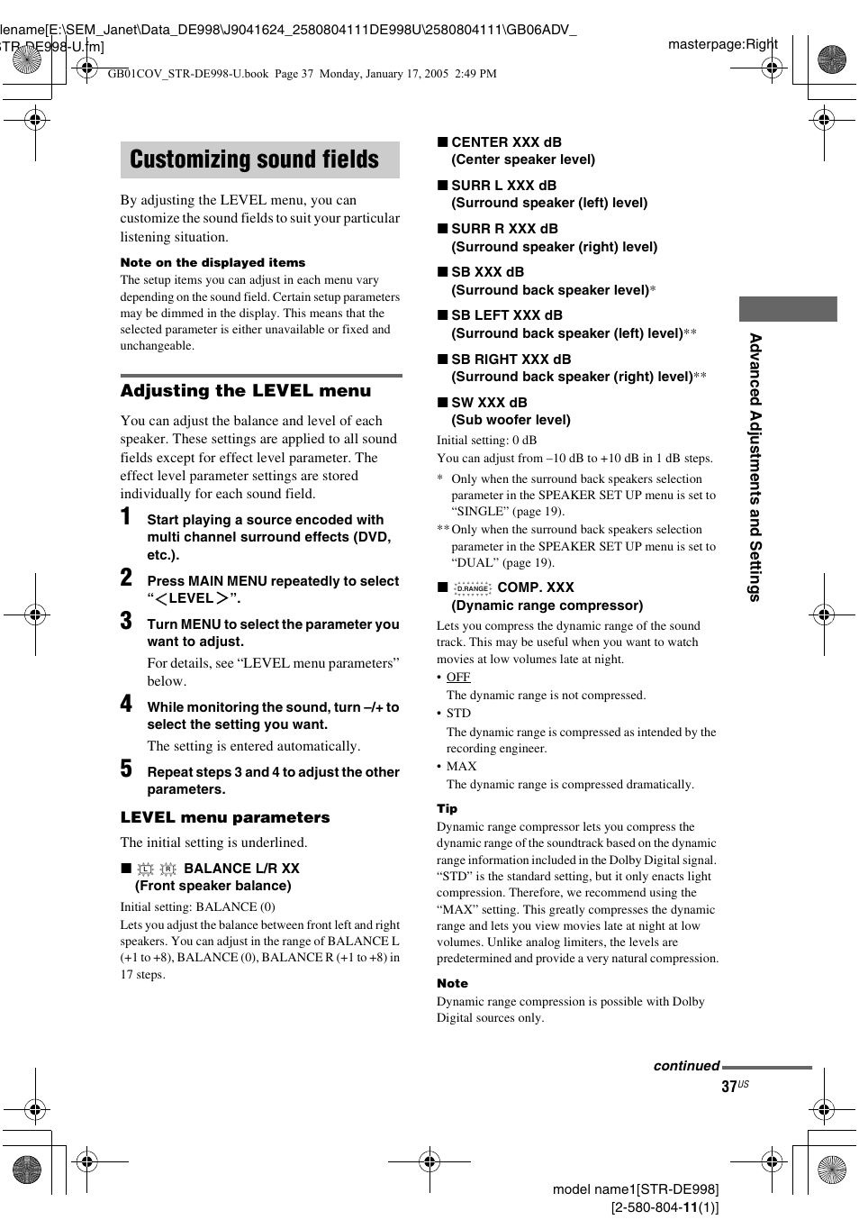 Customizing sound fields | Sony STR-DE998 User Manual | Page 37 / 64