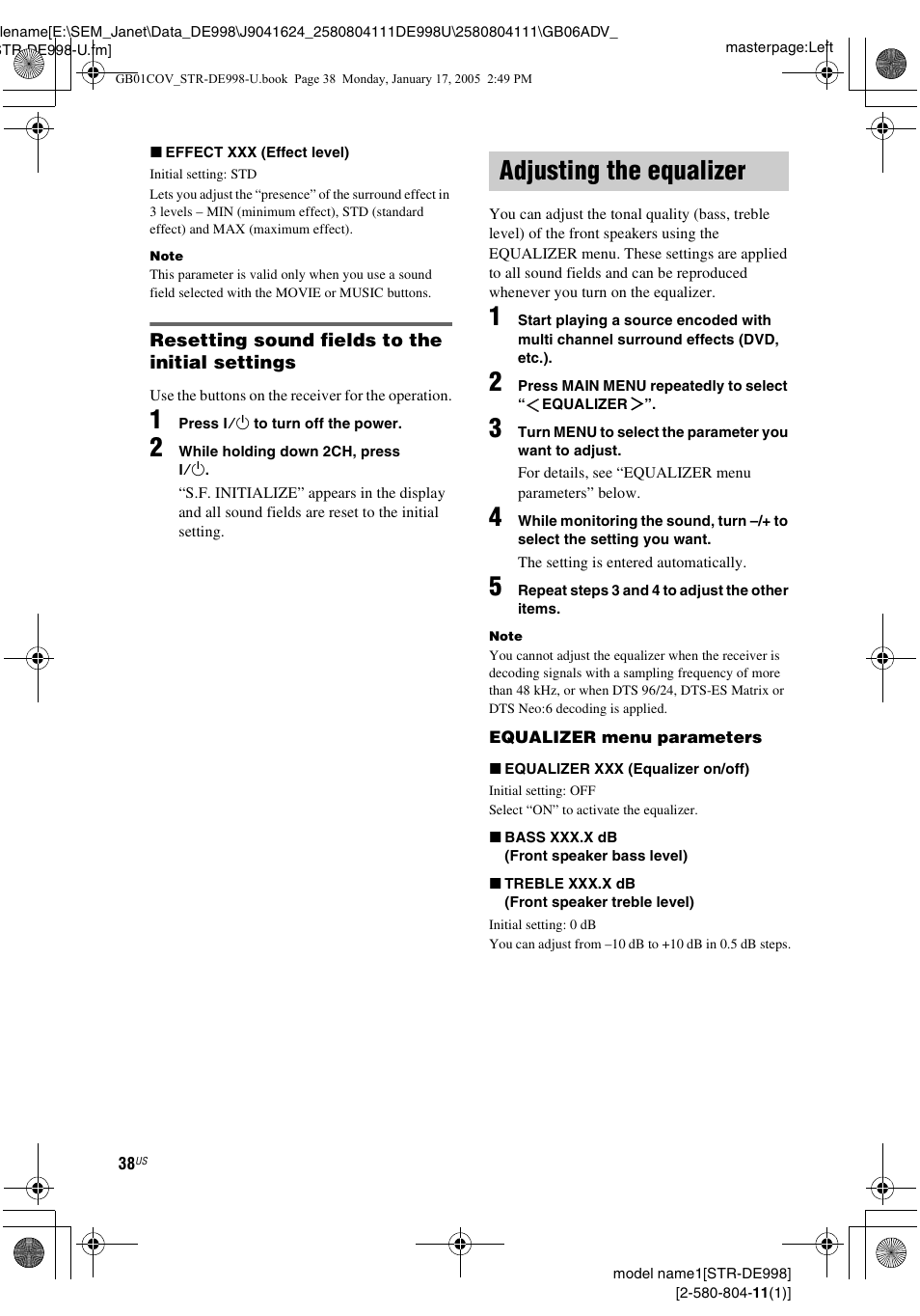 Adjusting the equalizer | Sony STR-DE998 User Manual | Page 38 / 64
