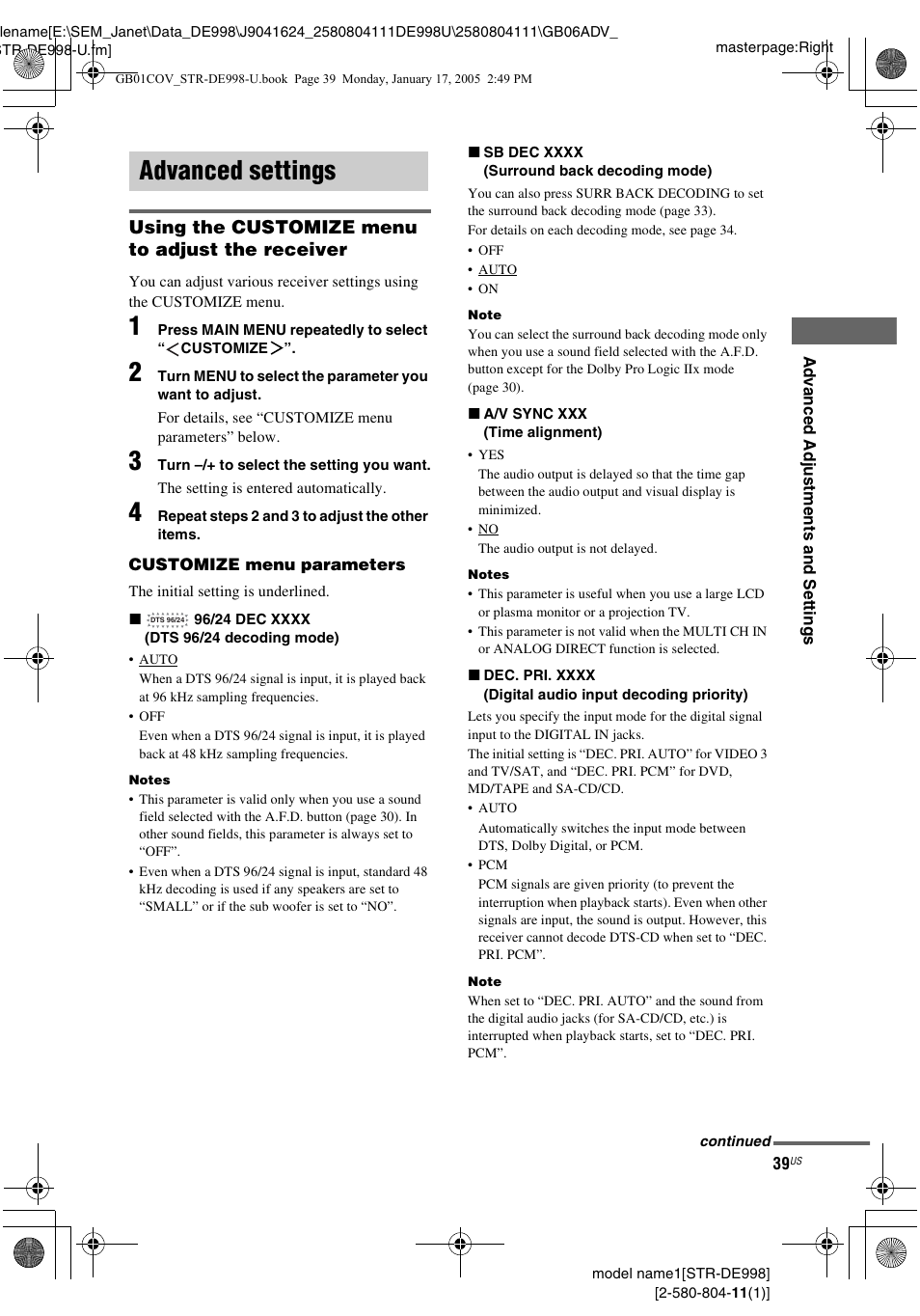 Advanced settings, Using the customize menu to adjust the receiver | Sony STR-DE998 User Manual | Page 39 / 64