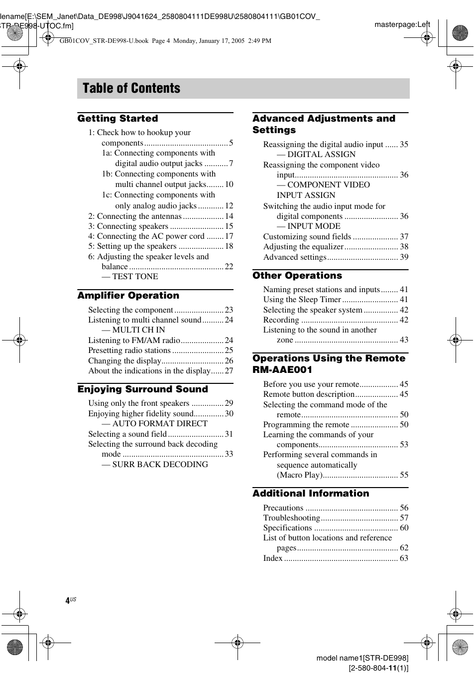 Sony STR-DE998 User Manual | Page 4 / 64