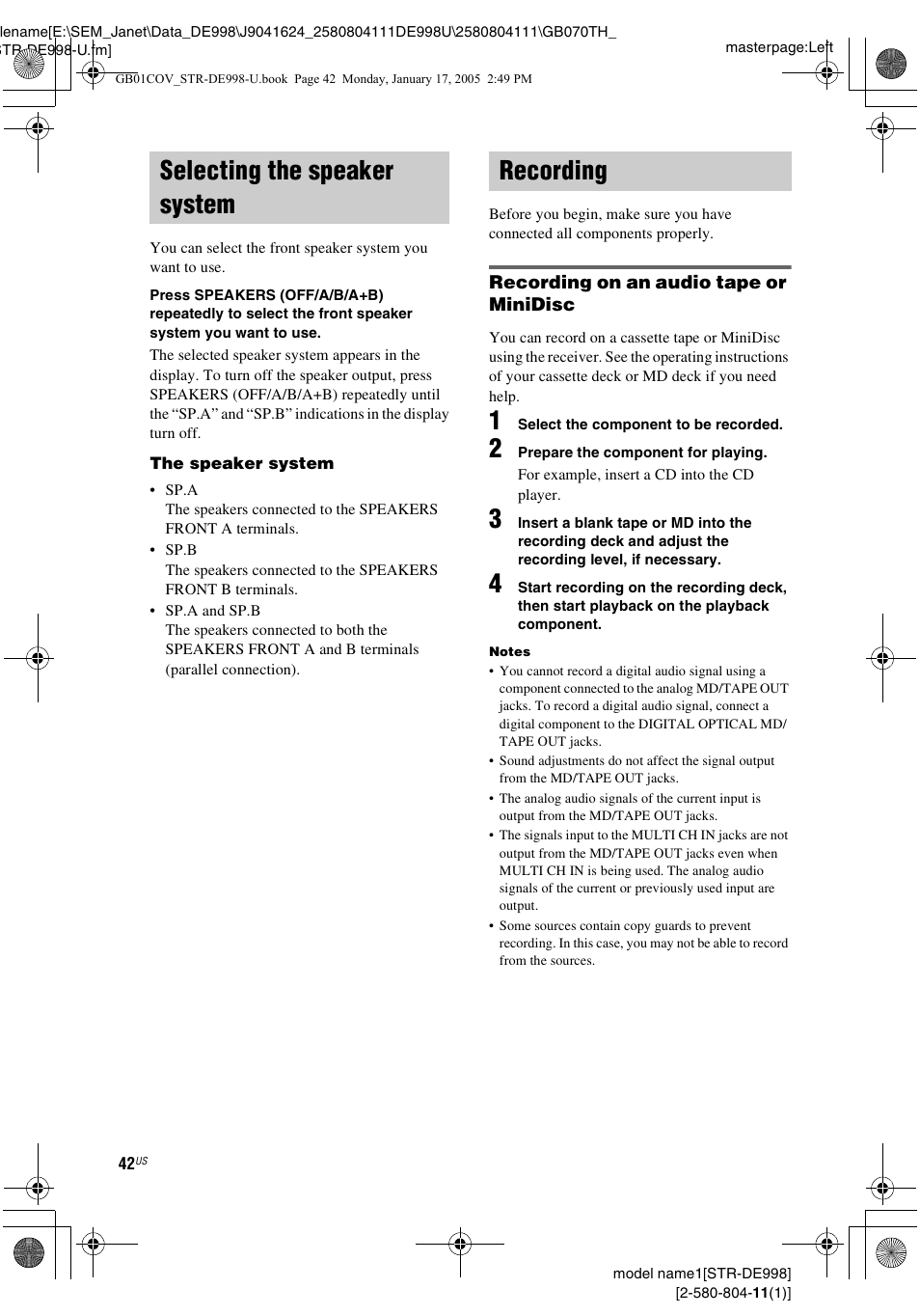 Selecting the speaker system, Recording, Selecting the speaker system recording | Sony STR-DE998 User Manual | Page 42 / 64