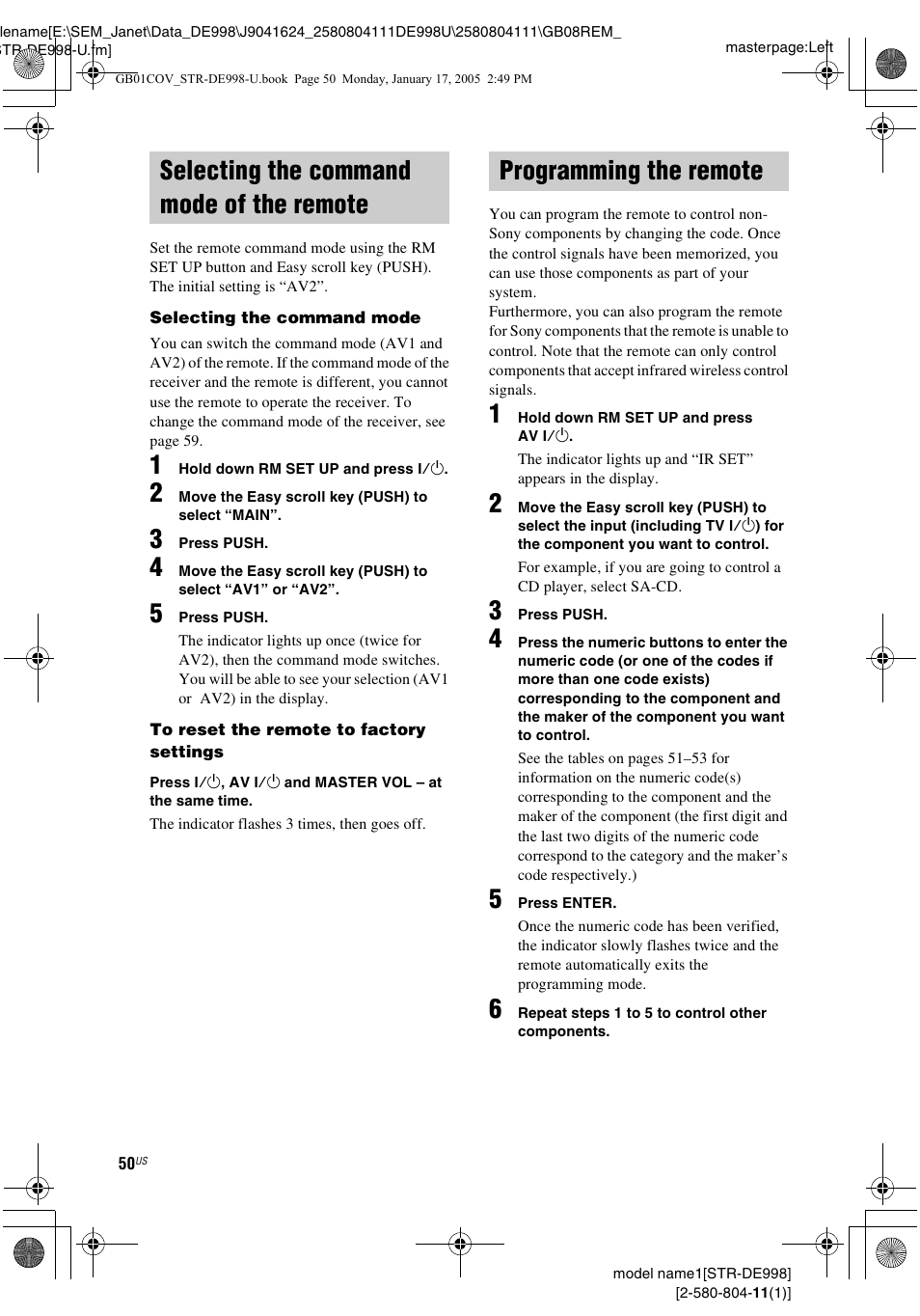 Selecting the command mode of the remote, Programming the remote, Selecting the command mode of the | Remote | Sony STR-DE998 User Manual | Page 50 / 64