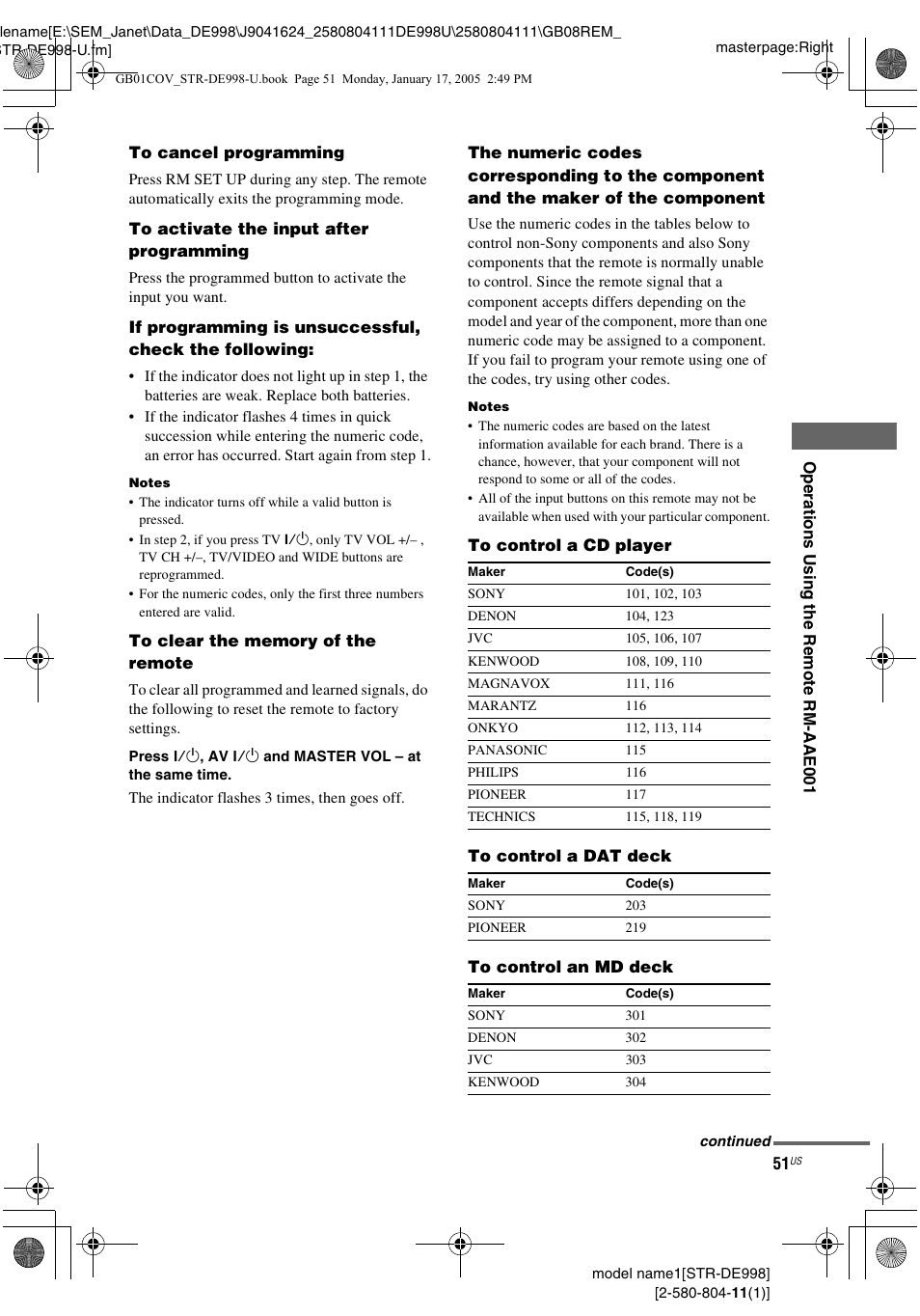 S 51–5 | Sony STR-DE998 User Manual | Page 51 / 64