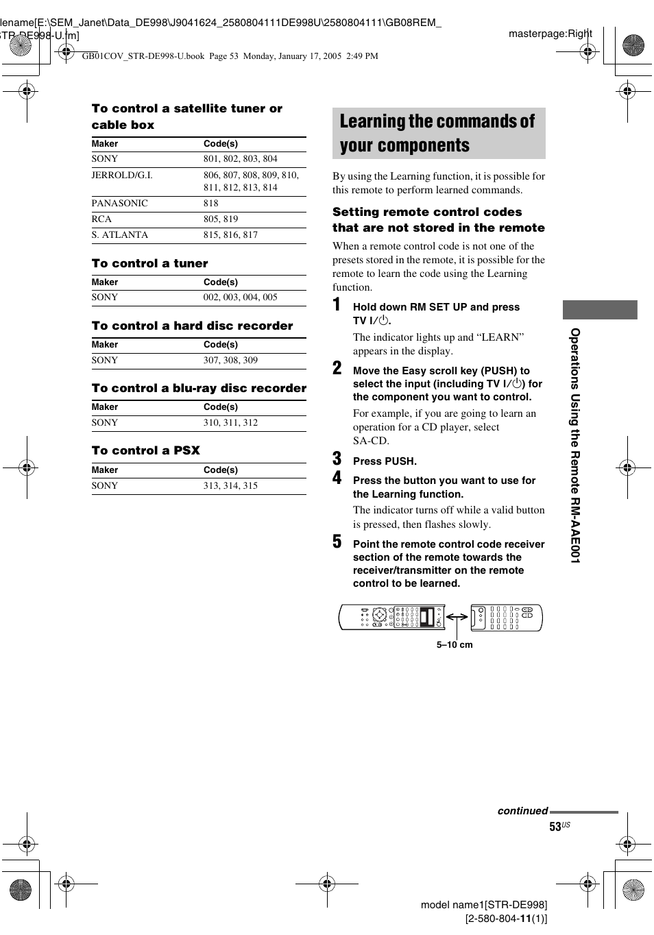 Learning the commands of your components, Learning the commands of your, Components | Sony STR-DE998 User Manual | Page 53 / 64