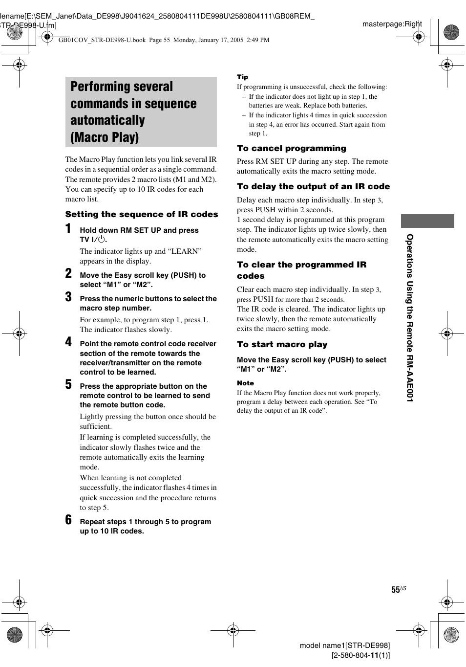 Performing several commands in, Sequence automatically (macro play) | Sony STR-DE998 User Manual | Page 55 / 64