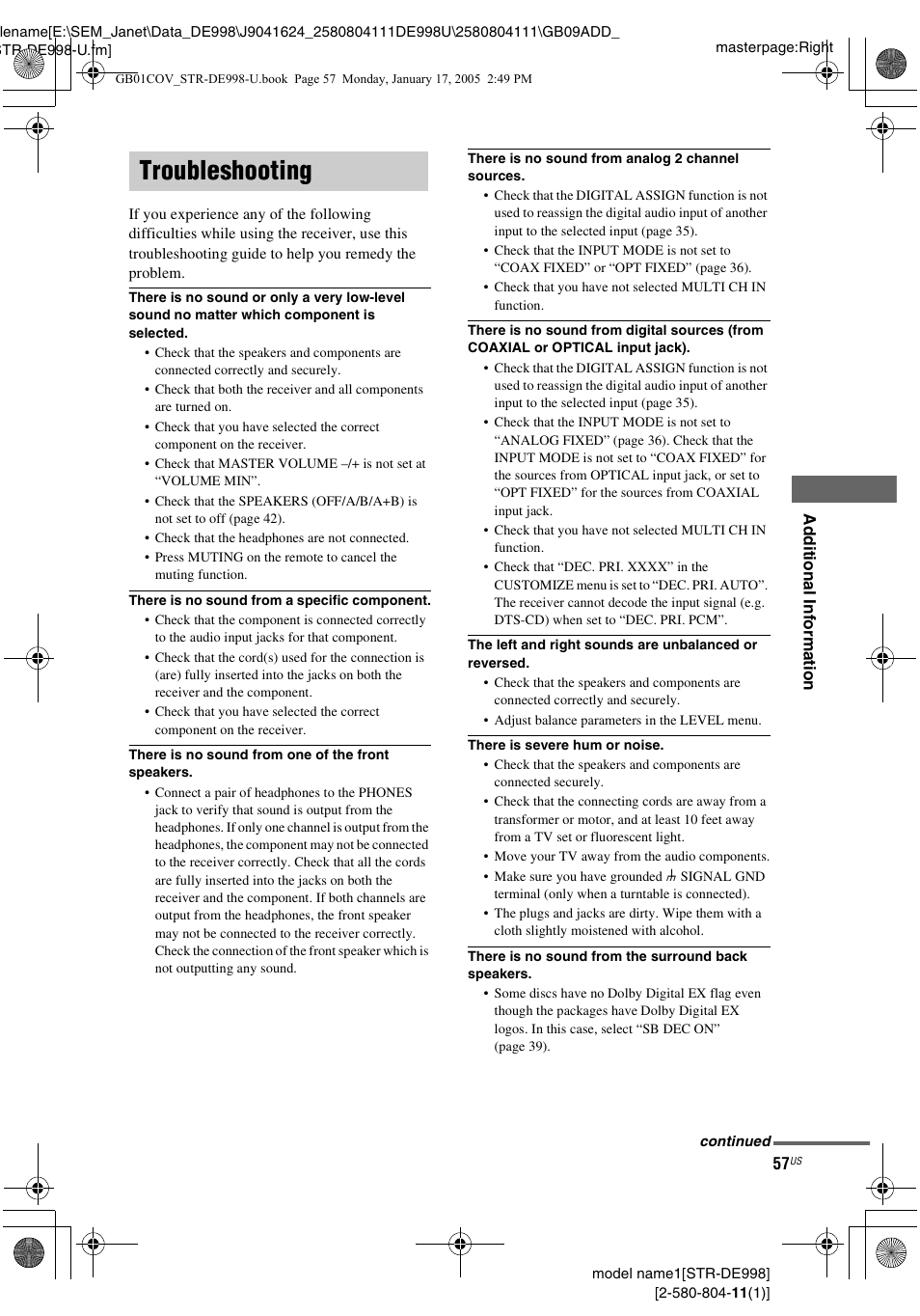 Troubleshooting | Sony STR-DE998 User Manual | Page 57 / 64