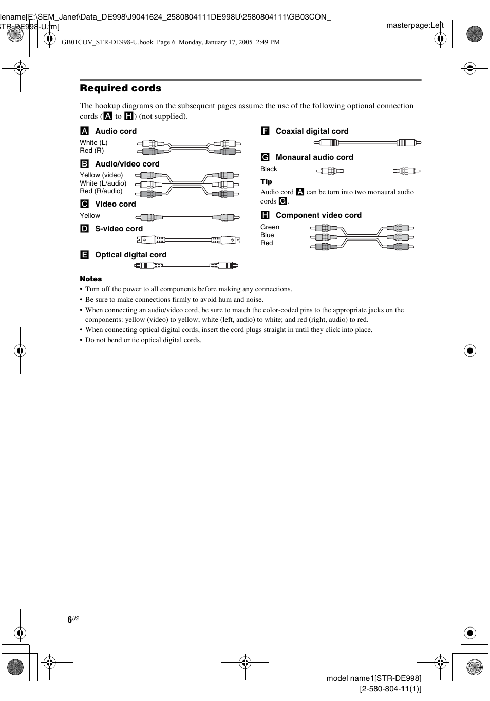 Required cords | Sony STR-DE998 User Manual | Page 6 / 64