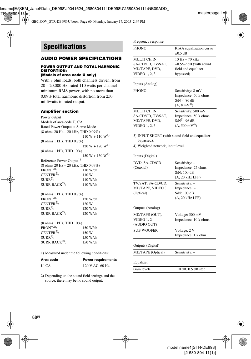 Specifications | Sony STR-DE998 User Manual | Page 60 / 64