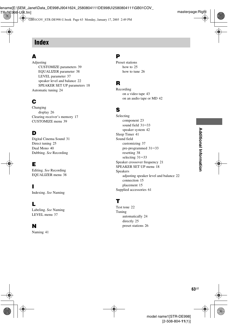 Index | Sony STR-DE998 User Manual | Page 63 / 64