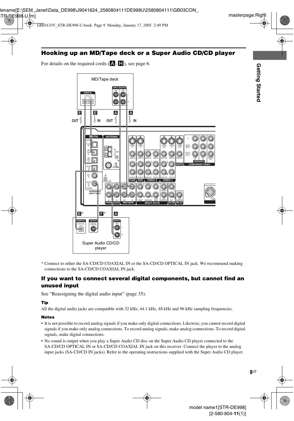 Gettin g star ted, For details on the required cords ( a, H), see page 6 | Md/tape deck super audio cd/cd player, Out l l in l l | Sony STR-DE998 User Manual | Page 9 / 64