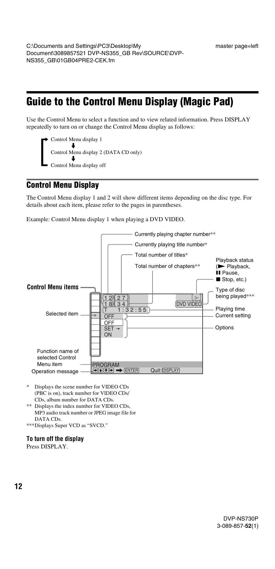 Guide to the control menu display (magic pad), Control menu display | Sony DVP-NS585P User Manual | Page 12 / 78