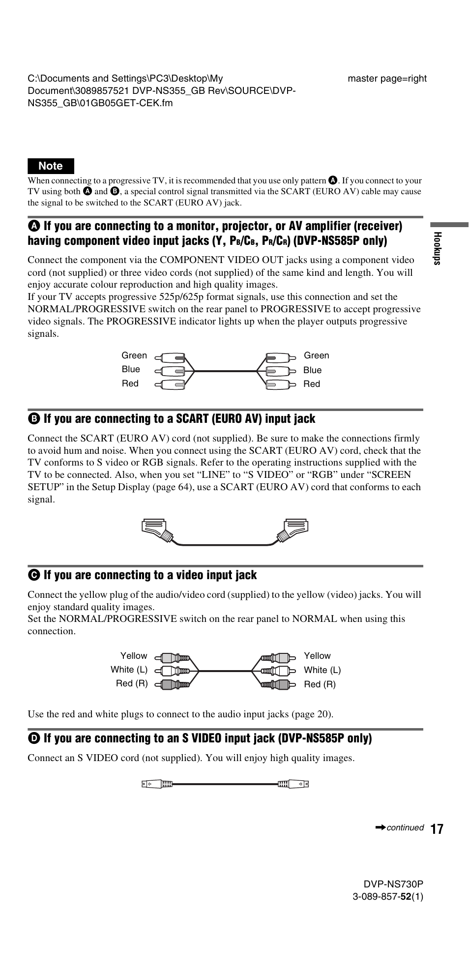 C if you are connecting to a video input jack, Tor (17, Dvp-ns585p only) | Cif you are connecting to a video input jack | Sony DVP-NS585P User Manual | Page 17 / 78
