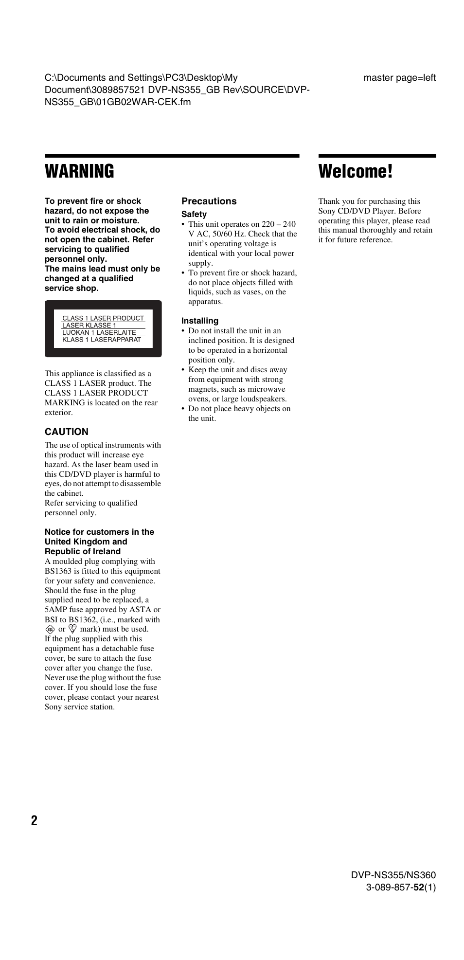 Warning, Welcome | Sony DVP-NS585P User Manual | Page 2 / 78
