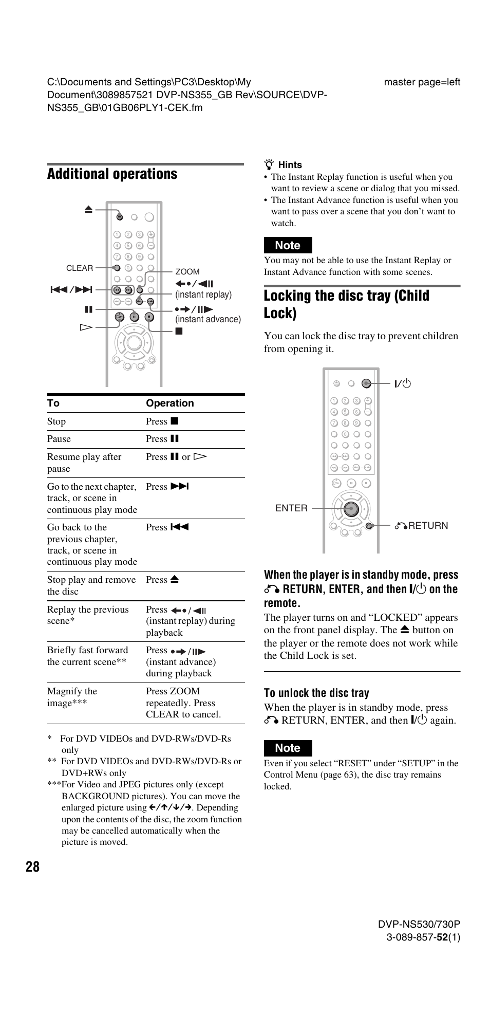 Additional operations, Locking the disc tray (child lock), N (28 | Sony DVP-NS585P User Manual | Page 28 / 78