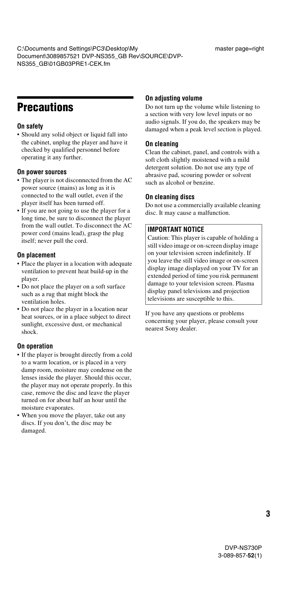 Precautions | Sony DVP-NS585P User Manual | Page 3 / 78