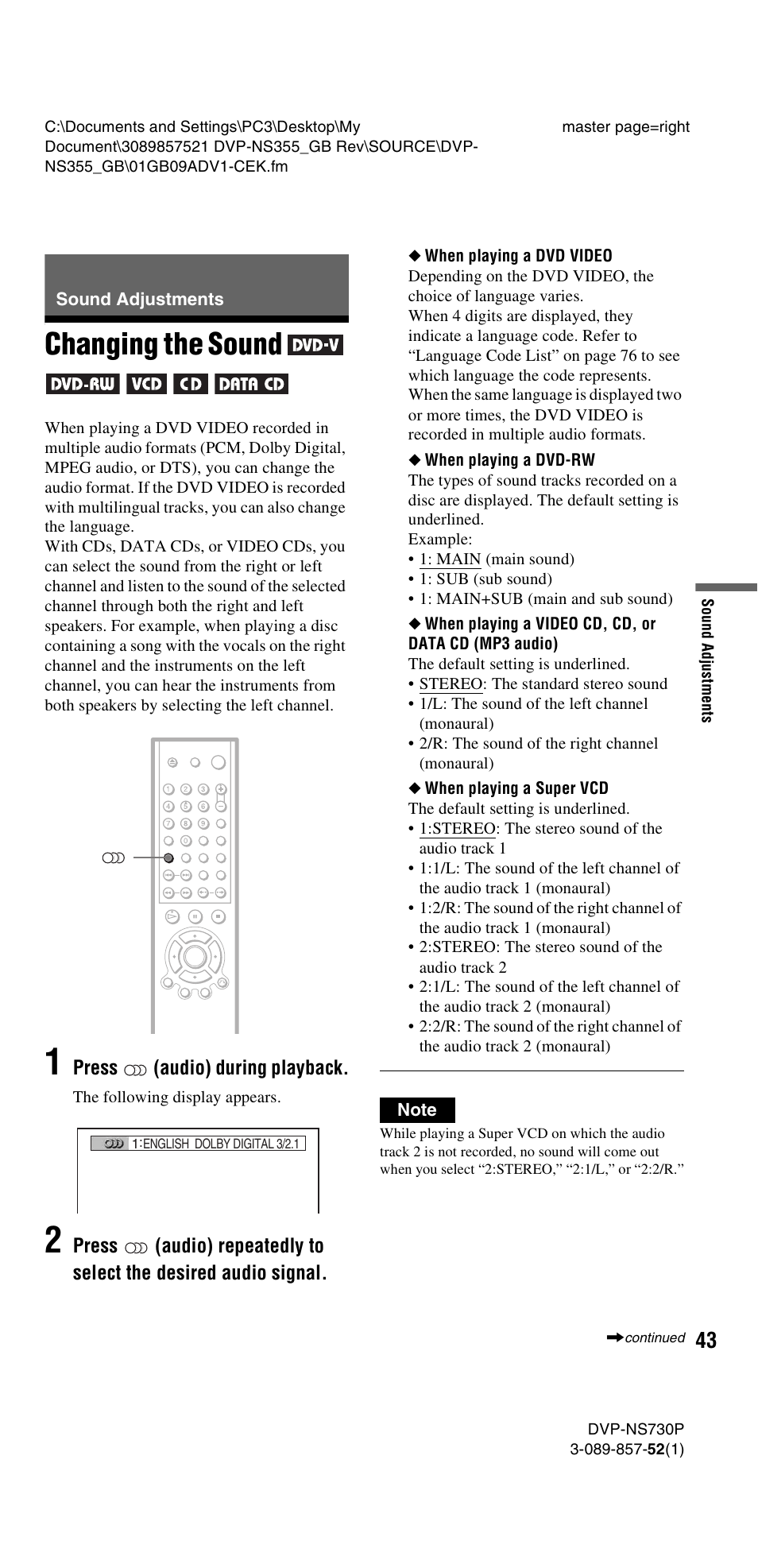 Sound adjustments, Changing the sound | Sony DVP-NS585P User Manual | Page 43 / 78