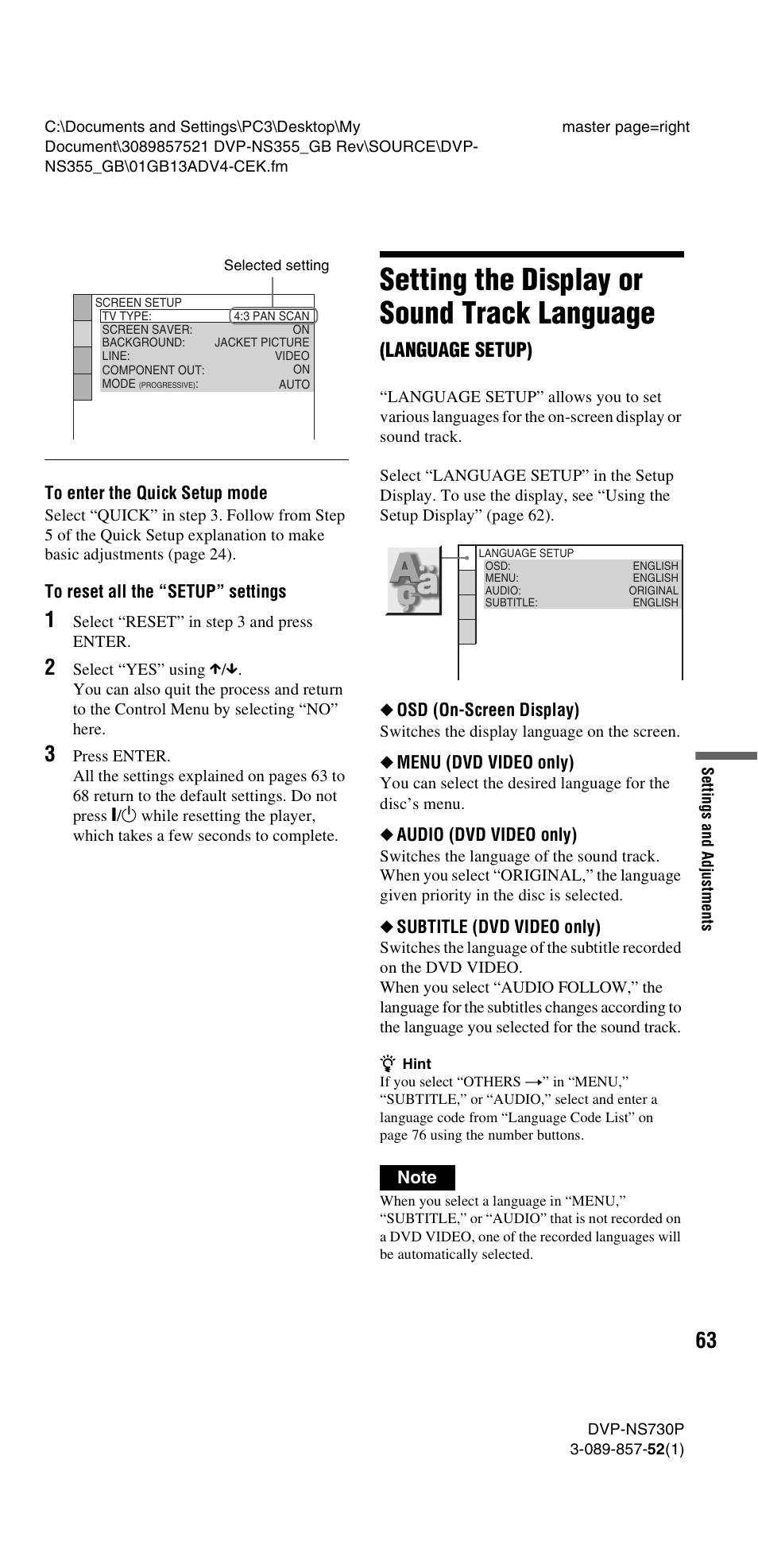 Setting the display or sound track language, Language setup) | Sony DVP-NS585P User Manual | Page 63 / 78